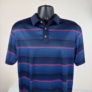 Pro Tour Coolplay Mens Medium Blue Pink Striped Golf Polo Shirt Short Sleeve UPF
